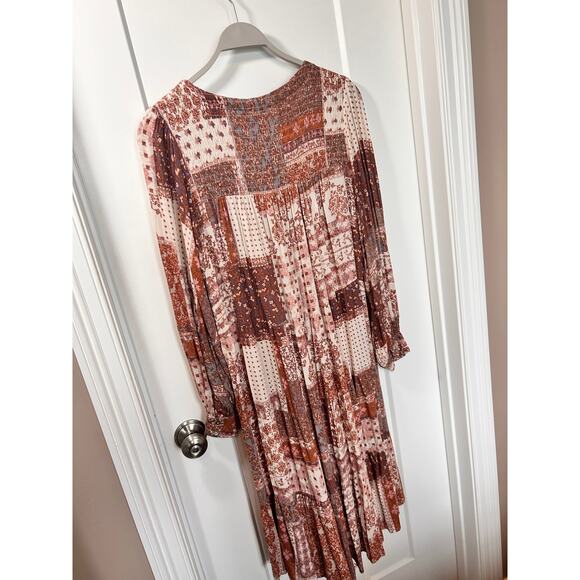 Olivaceous Women's Patchwork Tiered Midi Dress Boho Earthy Rust Beige Size Large - Picture 6 of 11